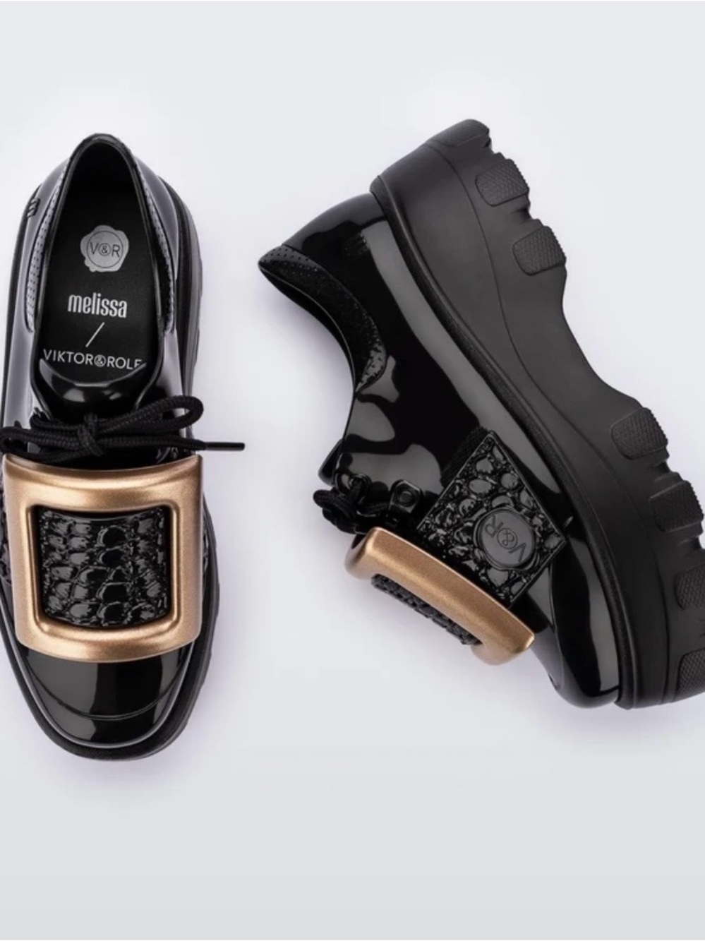 Melissa + Viktor x Rolf Black Patent Loafers with Bronze Square Buckle